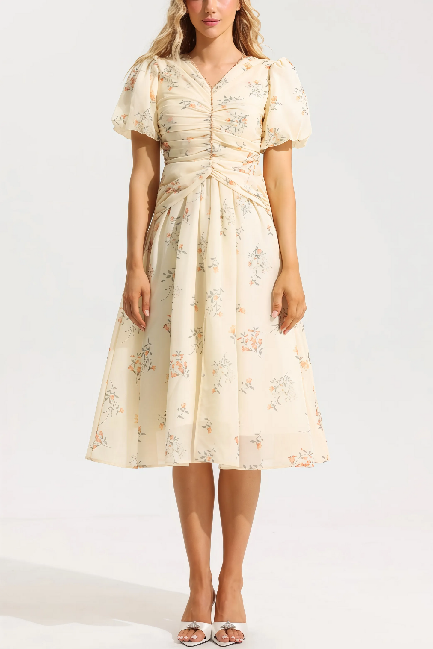 Auralyn - Charming Floral Print Midi Dress with V-Neck for Women