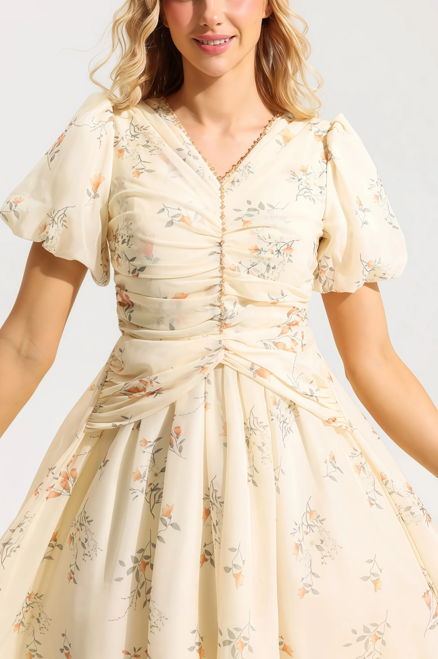 Auralyn - Charming Floral Print Midi Dress with V-Neck for Women