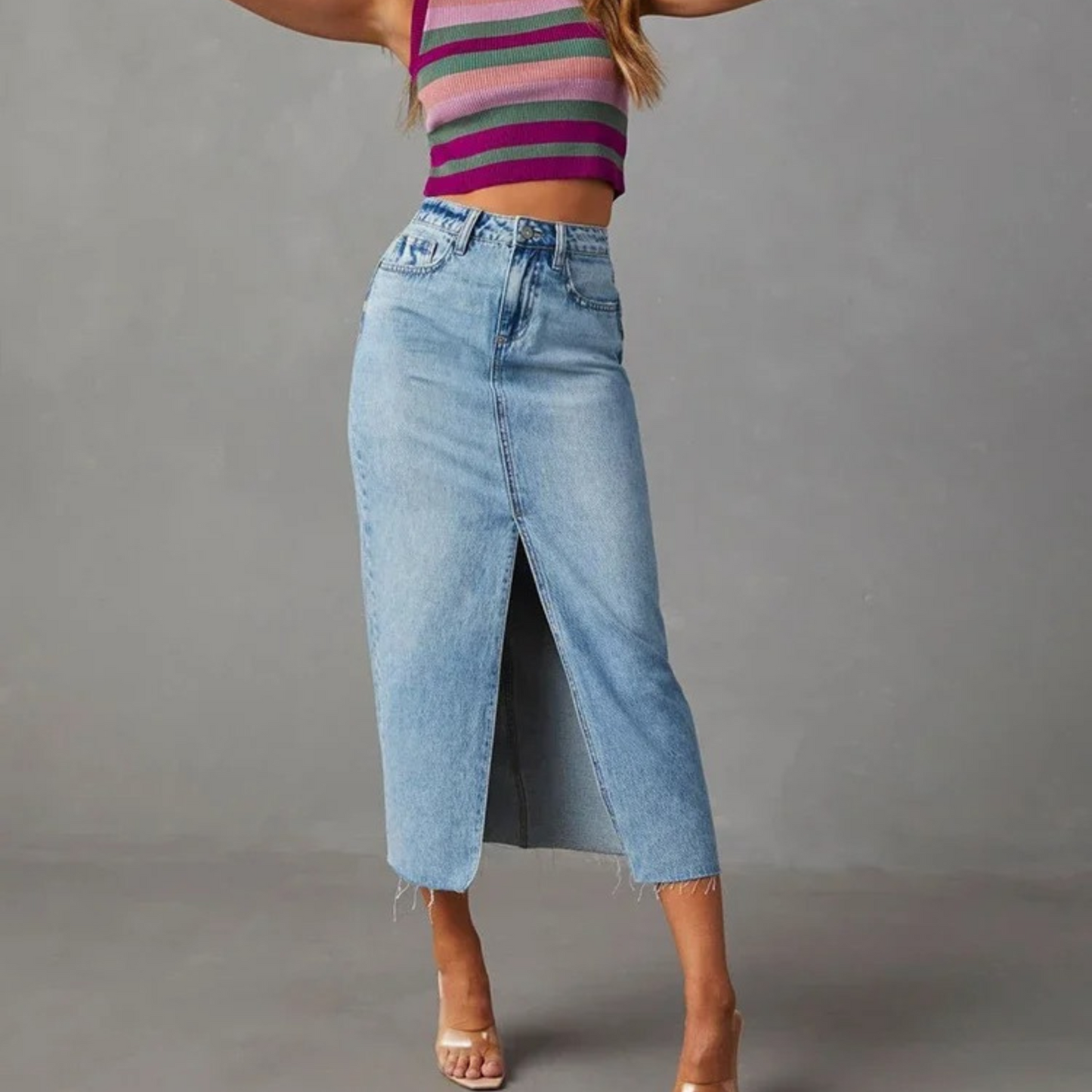 Beril - Hoge taille split blauwe lange spijkerrok