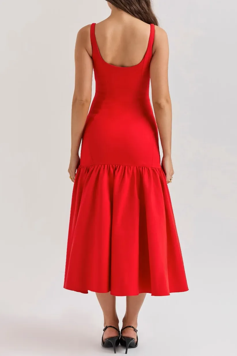 Elisia - Charmante Mouwloze Midi Jurk met Ruches