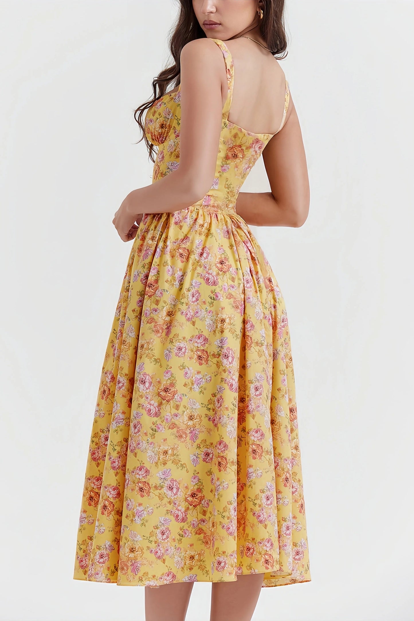 Elsbeth - Stylish Yellow Midi Dress with Floral Print