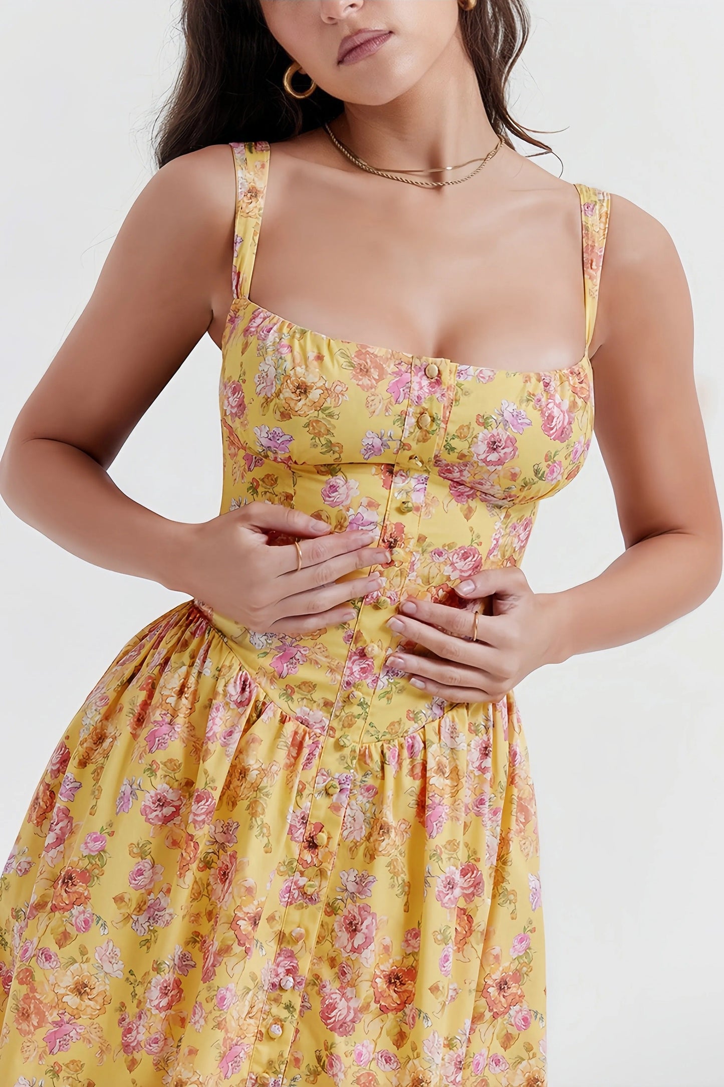 Elsbeth - Stylish Yellow Midi Dress with Floral Print