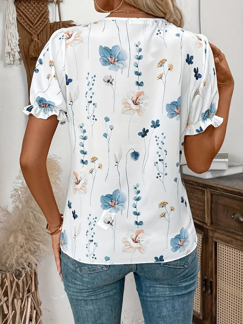 Jennefer - Shirt met bloemencharme Elegante pofmouwen Kanten rand