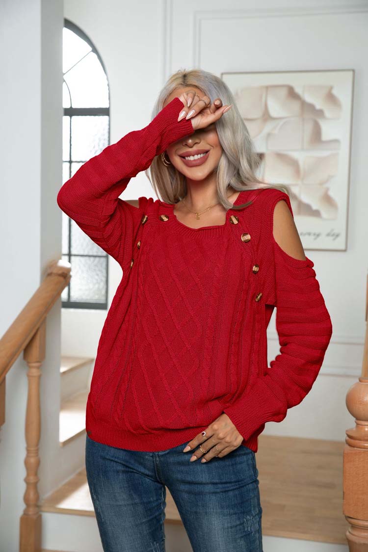 Lyndi - Red Knitted sweater with open shoulders
