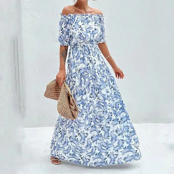 Sis - Off Shoulder Elegant Fit Bloemige Maxi Zomerjurk