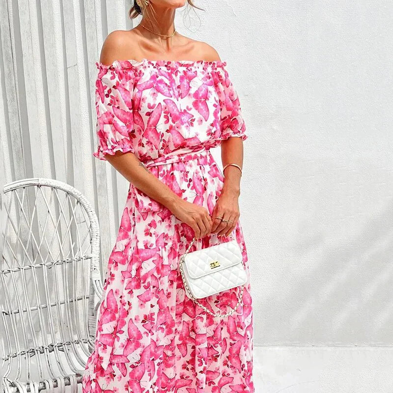 Sis - Off Shoulder Elegant Fit Bloemige Maxi Zomerjurk