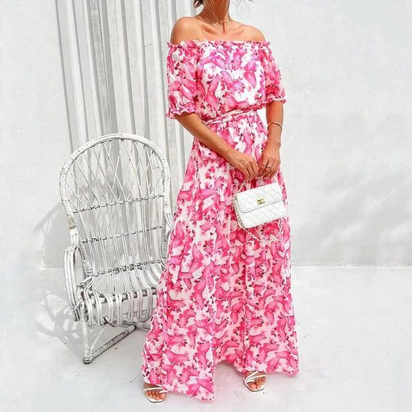 Sis - Off Shoulder Elegant Fit Bloemige Maxi Zomerjurk