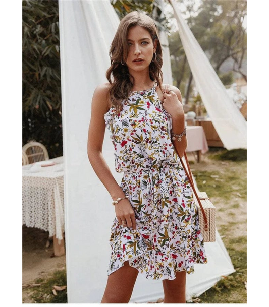 Sofia – Mini Jurk met Bloemenprint en Halterhals