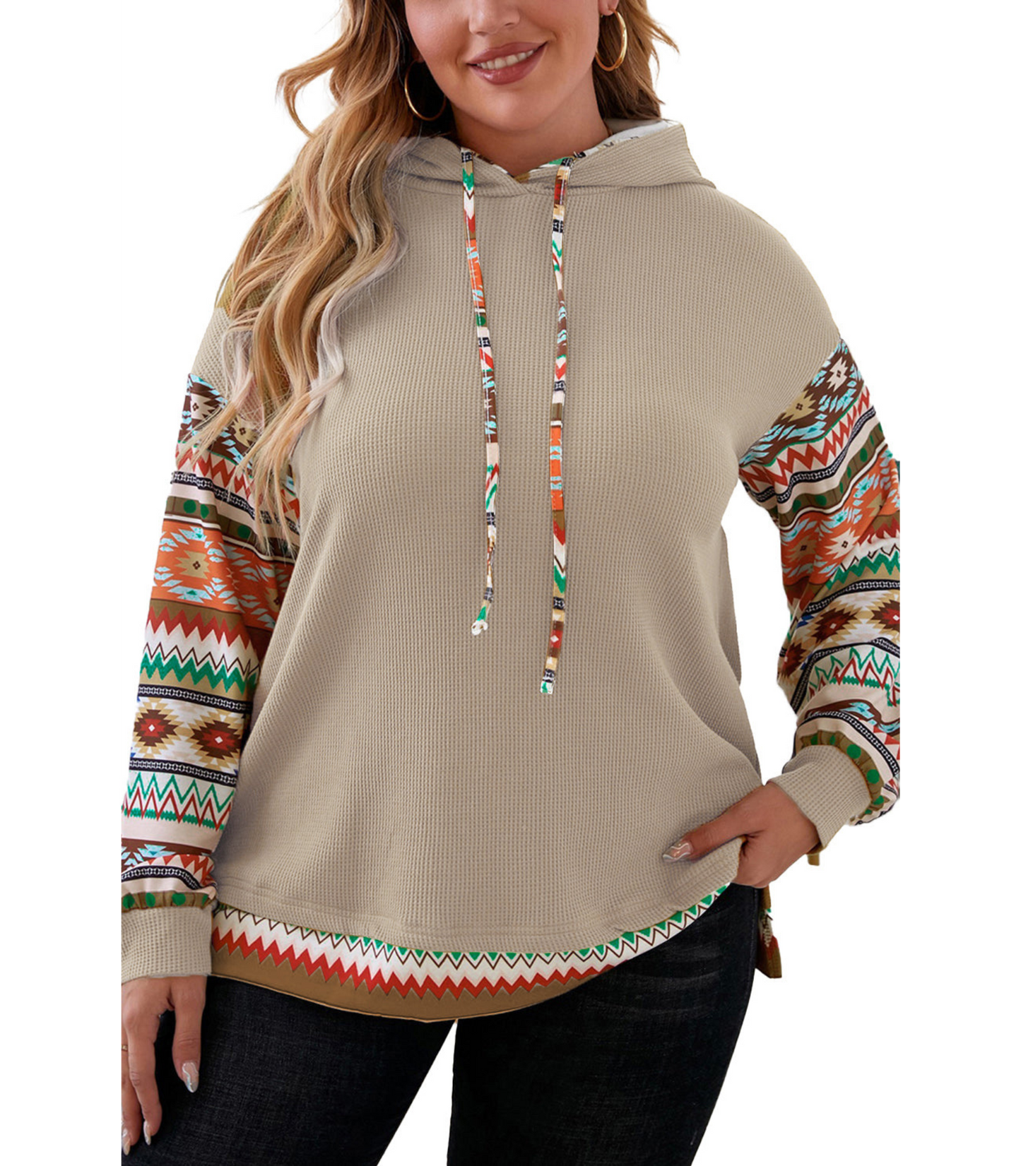 Sophie - Rookgrijze Azteken Hoodie met Wafelpatroon