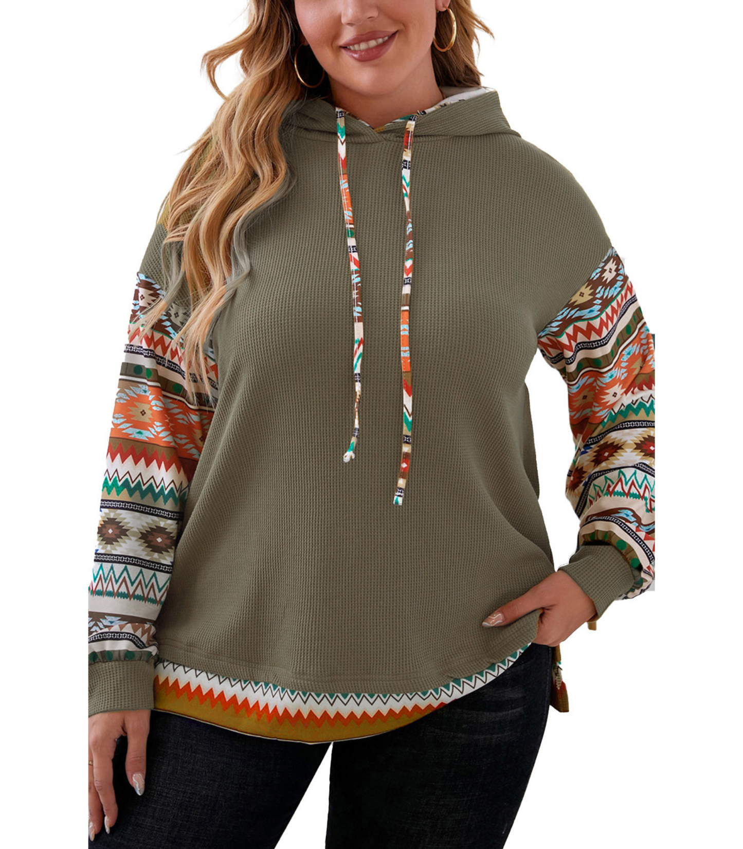 Sophie - Donkergroene Azteken Hoodie met Wafelpatroon