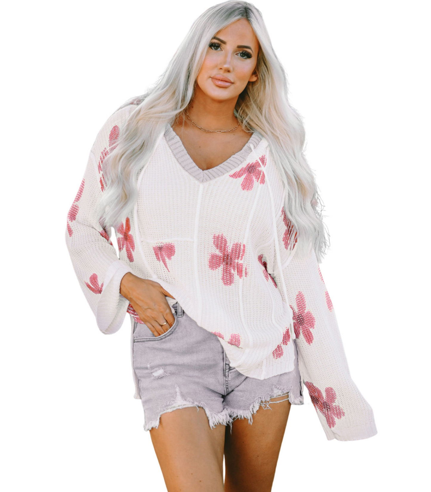 Shanne - Witte lichte trui met capuchon en bloemenprint