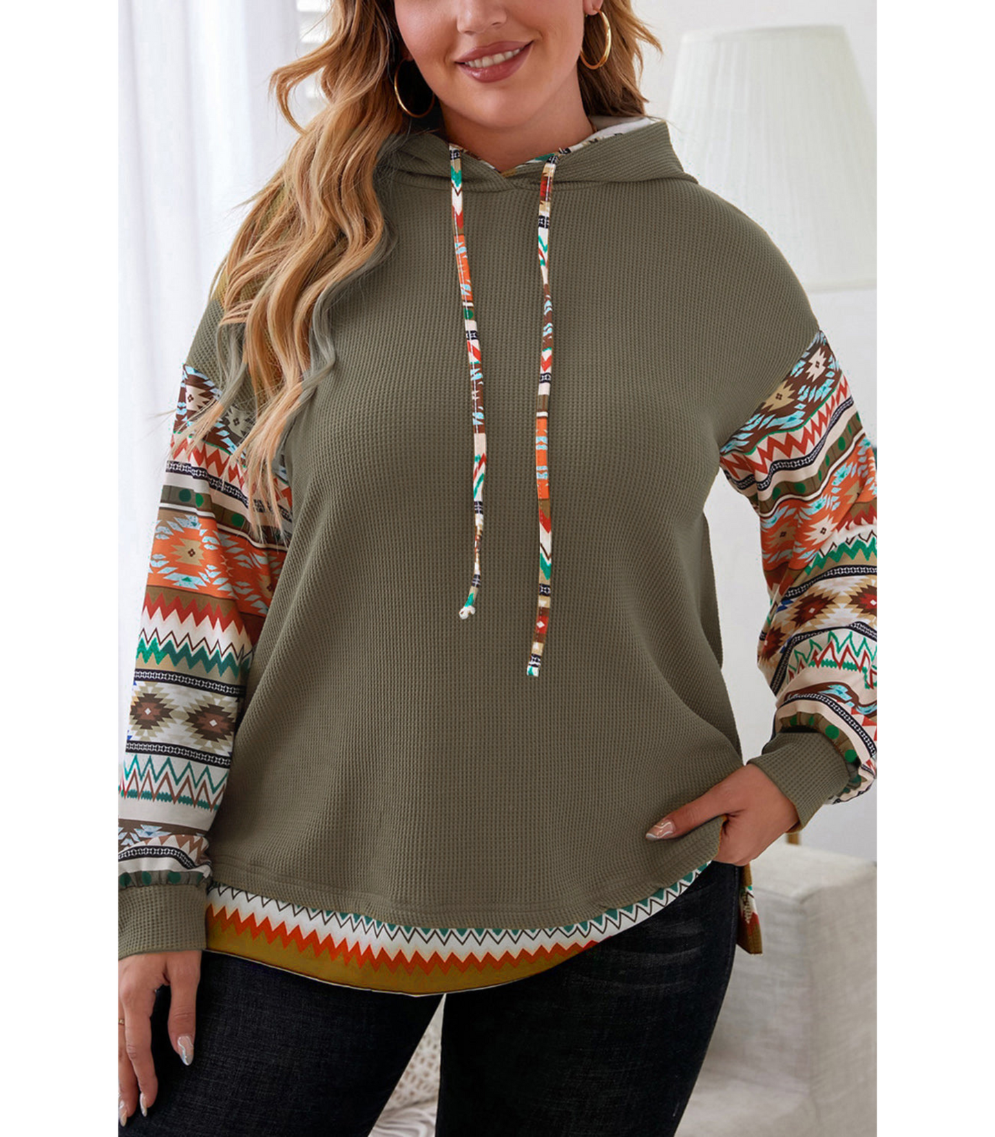 Sophie - Donkergroene Azteken Hoodie met Wafelpatroon