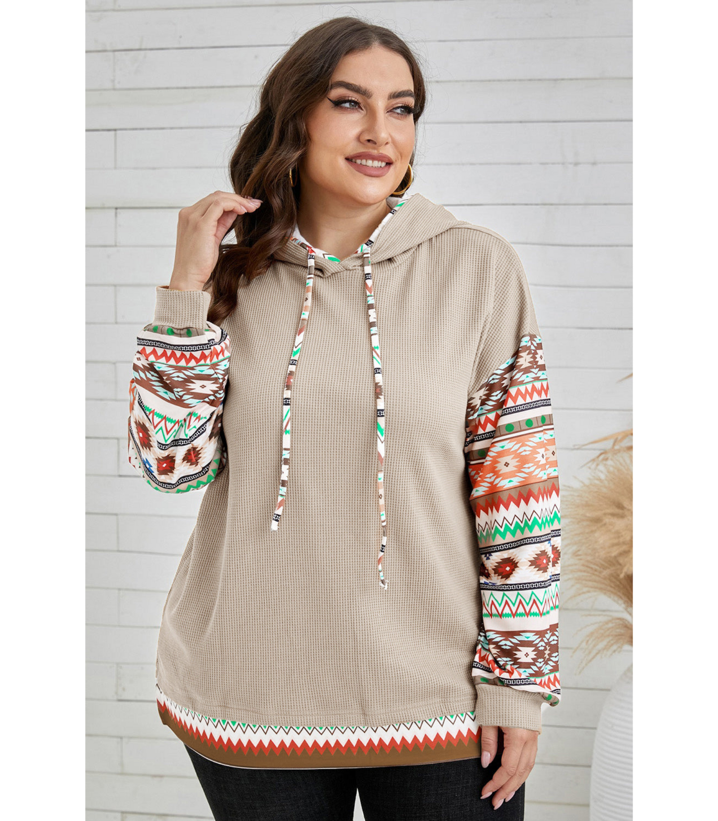 Sophie - Rookgrijze Azteken Hoodie met Wafelpatroon