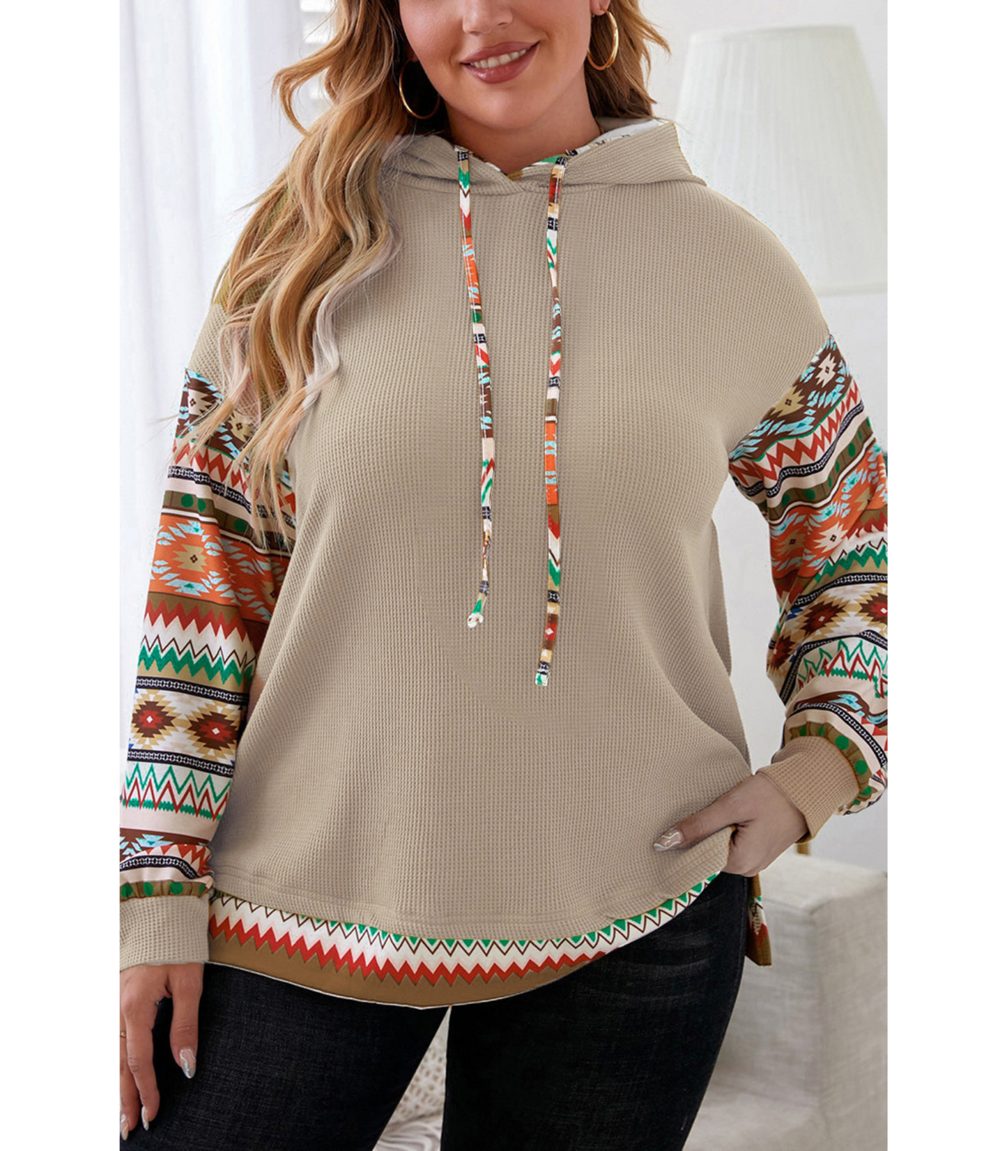 Sophie - Rookgrijze Azteken Hoodie met Wafelpatroon
