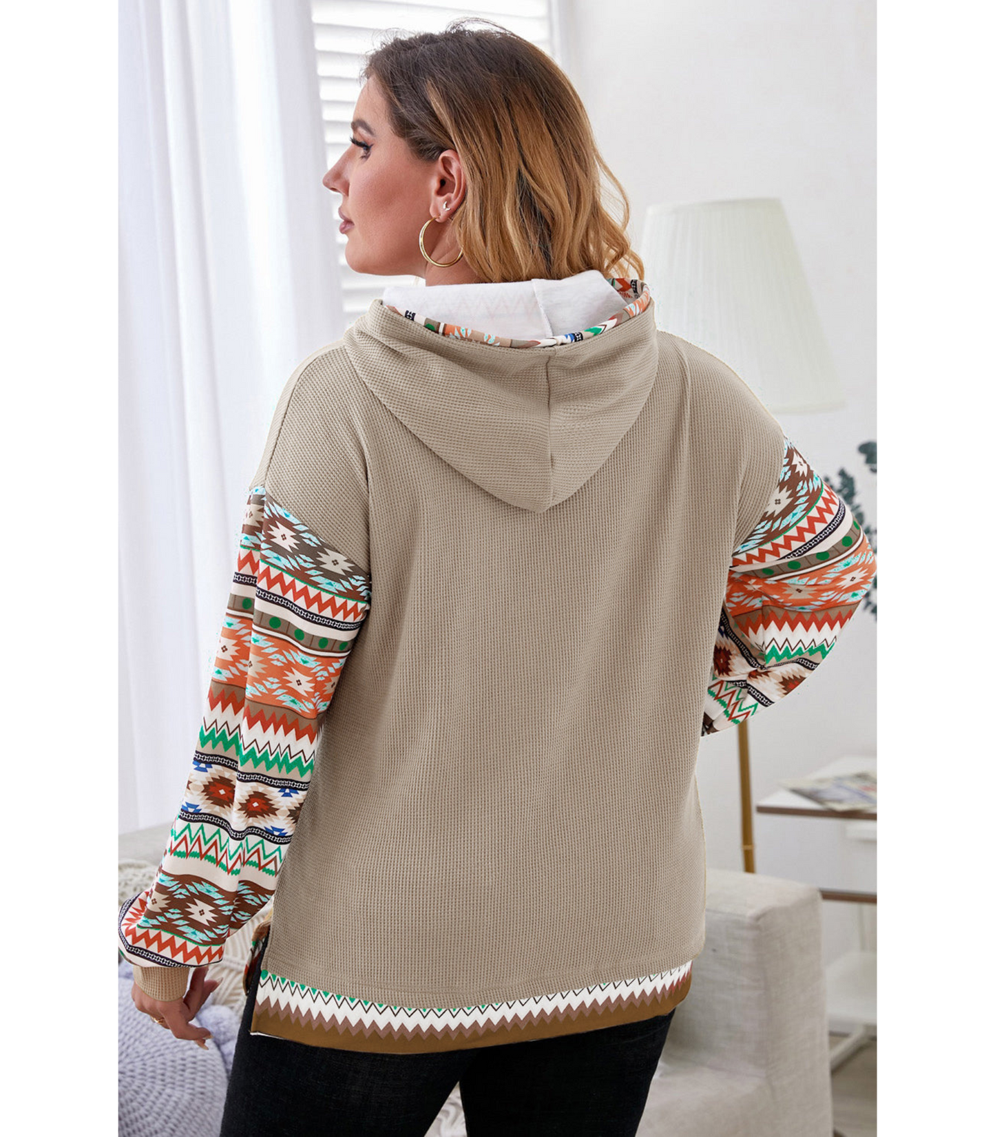 Sophie - Rookgrijze Azteken Hoodie met Wafelpatroon
