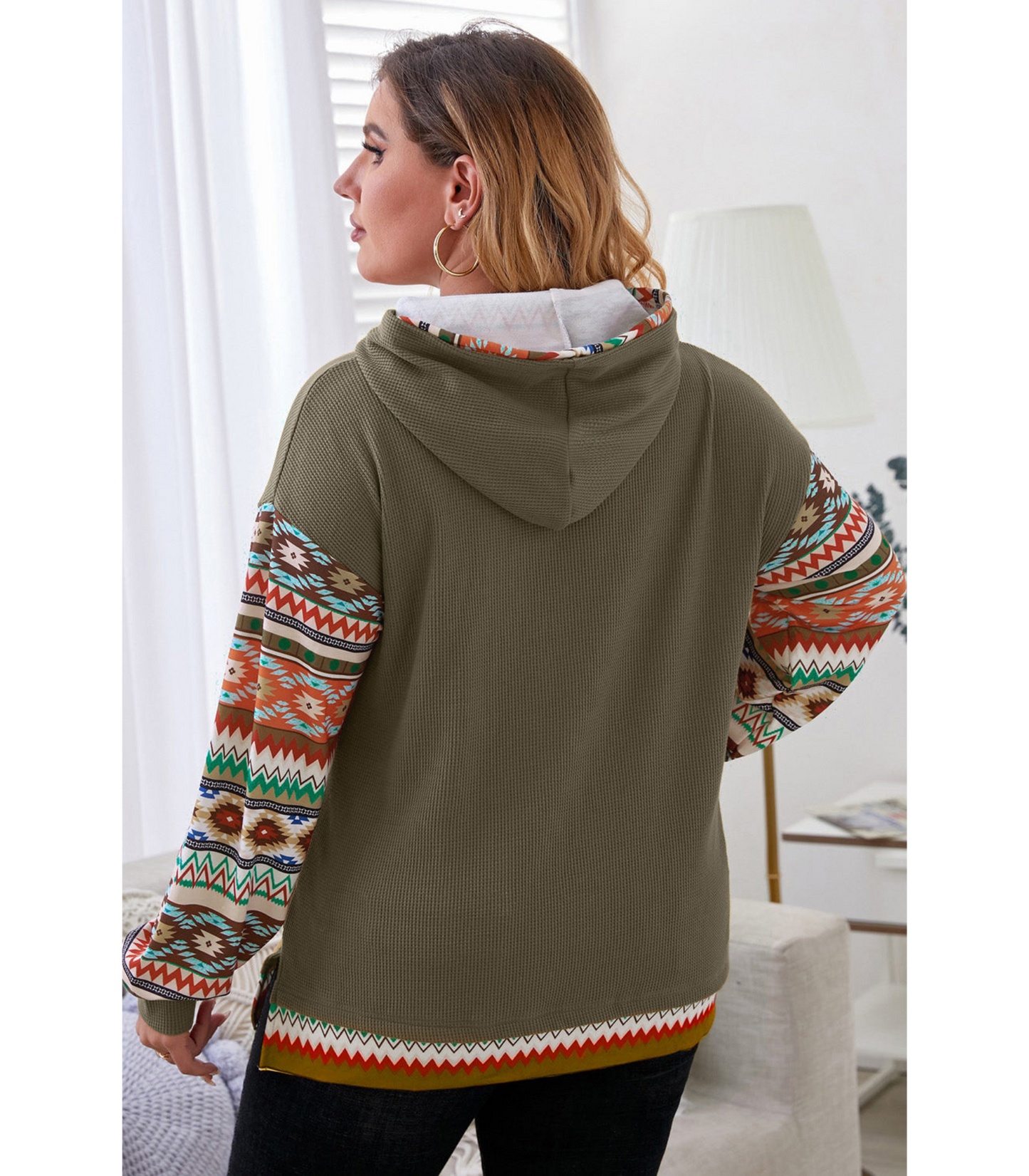 Sophie - Donkergroene Azteken Hoodie met Wafelpatroon