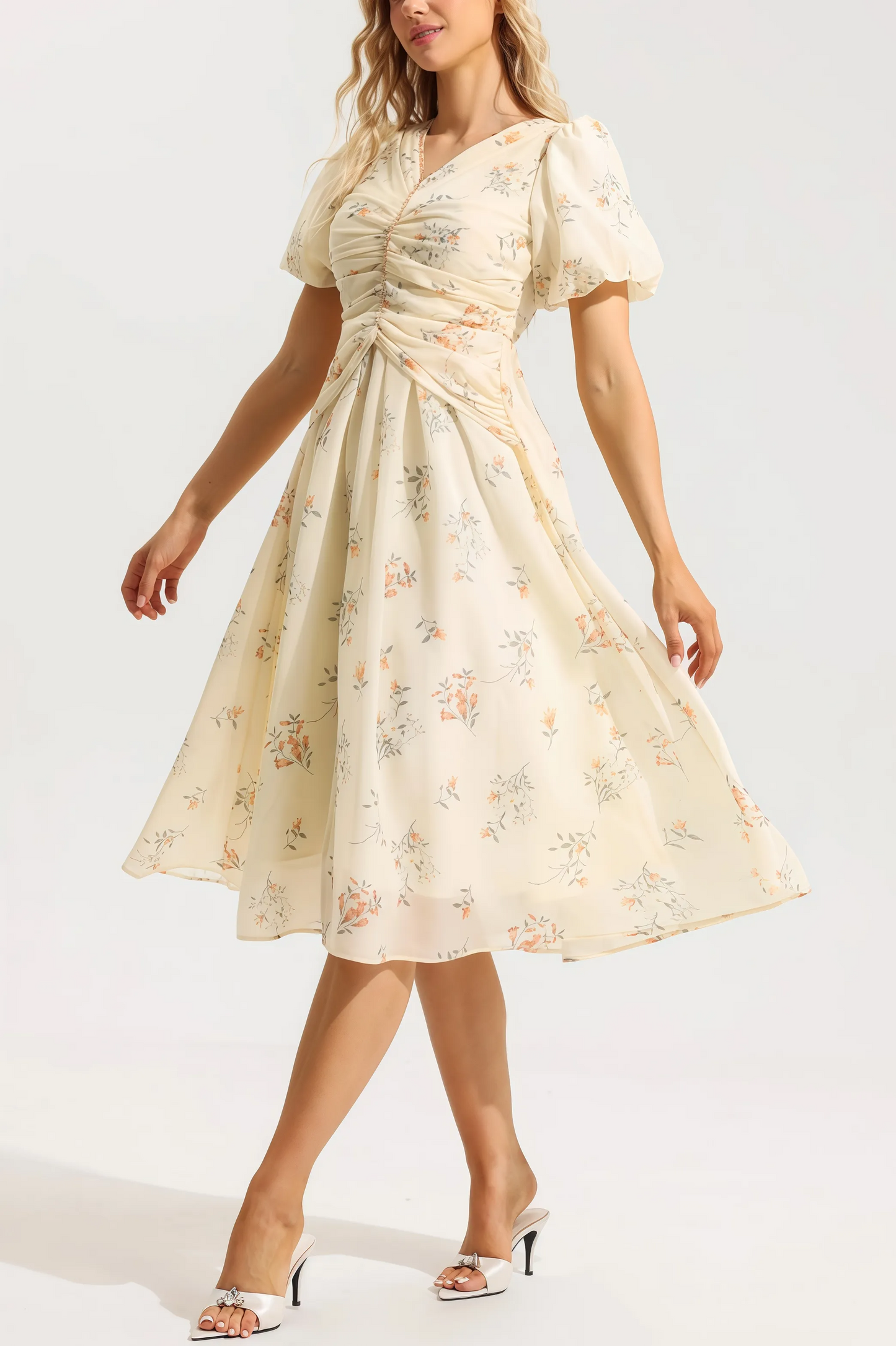 Auralyn - Charmante Midi-Jurk met Bloemenprint en V-Hals voor Dames