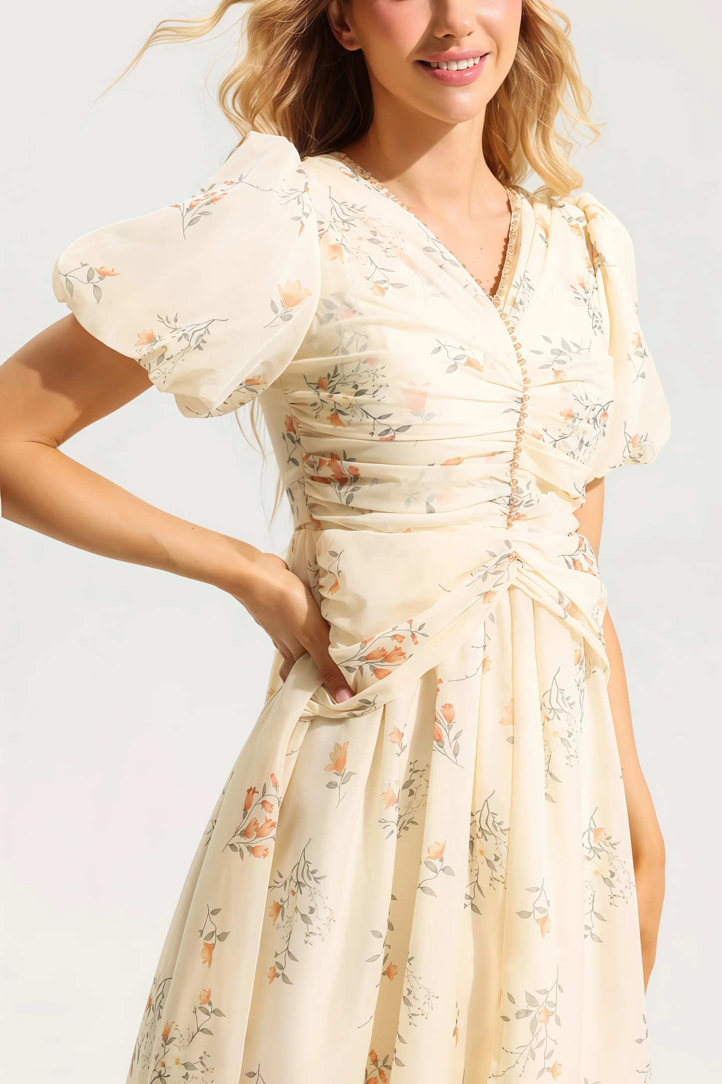 Auralyn - Charmante Midi-Jurk met Bloemenprint en V-Hals voor Dames