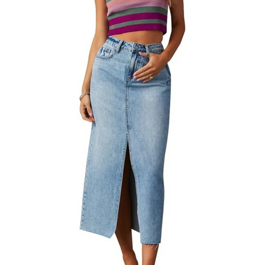 Beril - Hoge taille split blauwe lange spijkerrok