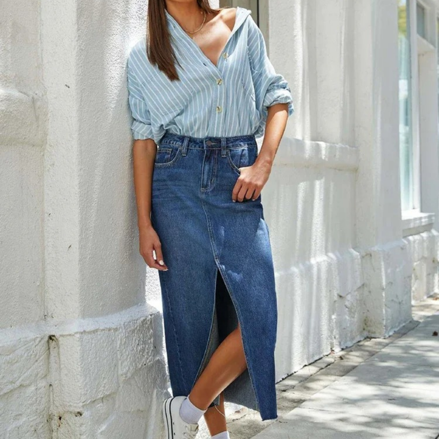 Beril - Hoge taille split blauwe lange spijkerrok
