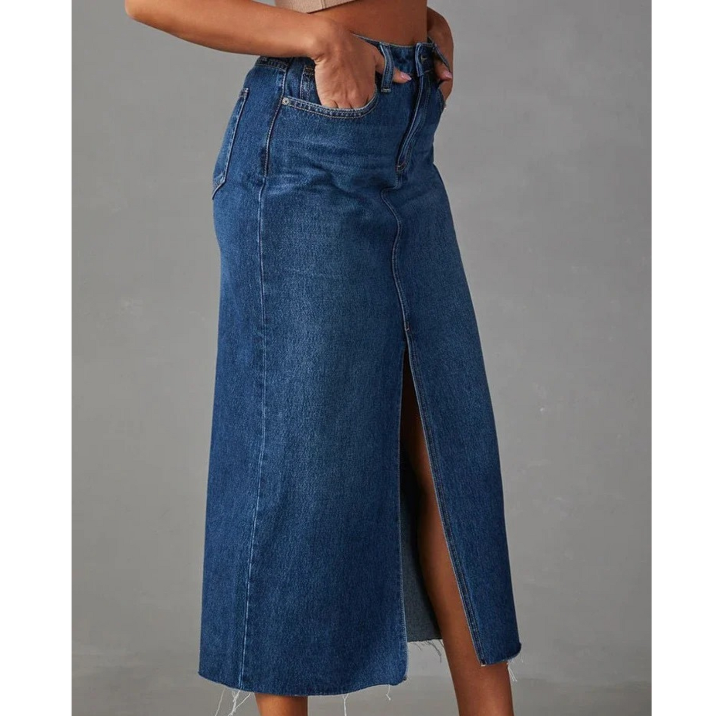 Beril - Hoge taille split blauwe lange spijkerrok
