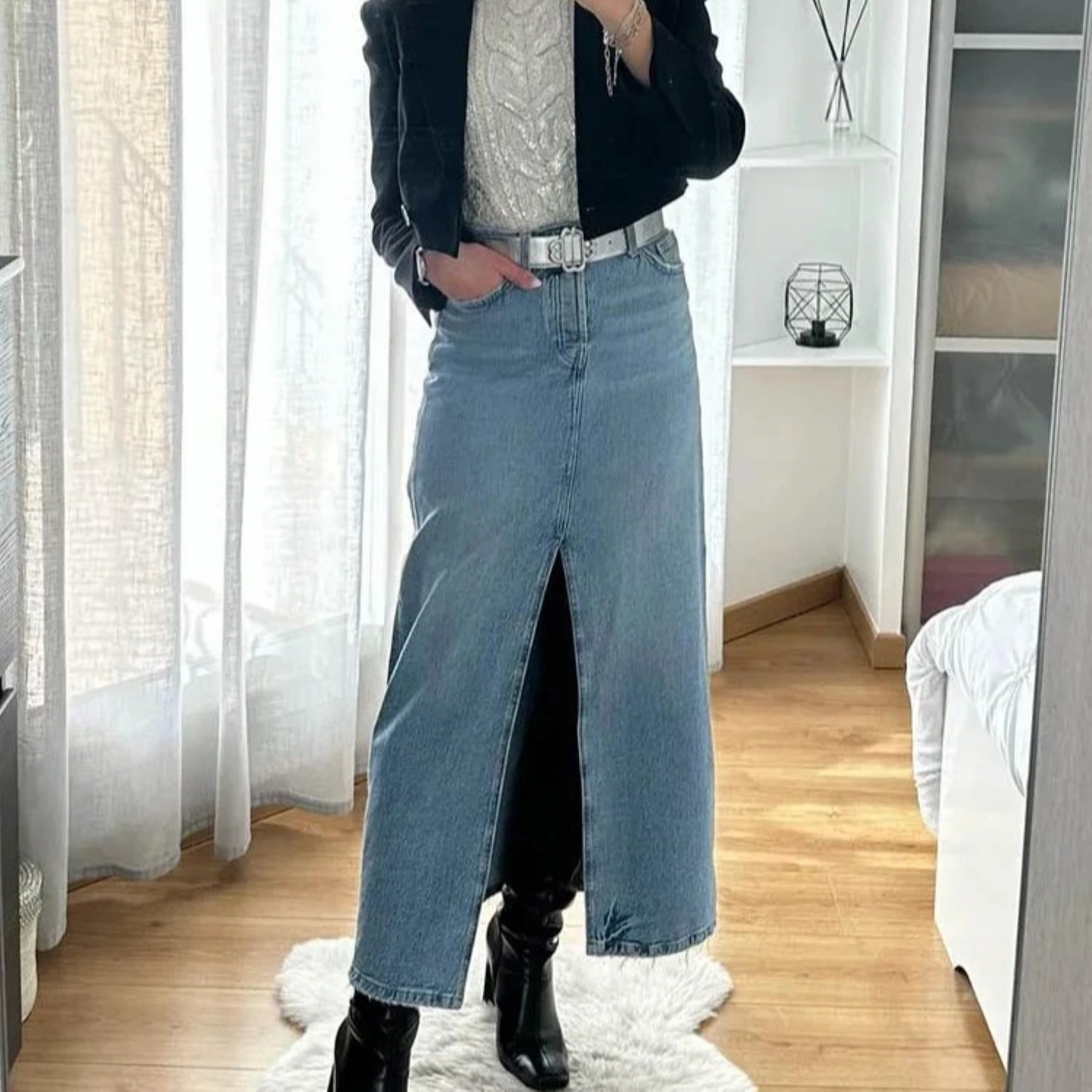 Birke - Hoge taille lichtblauwe lange spijkerrok