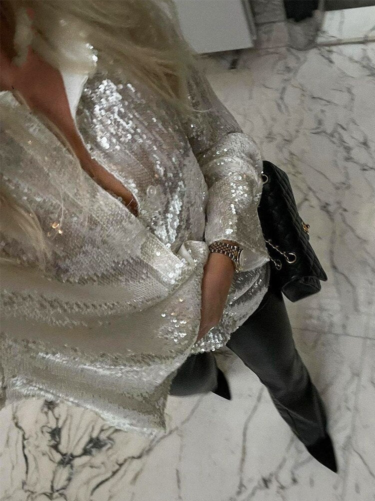 Charlaine - Trendy Oversized Blouse met Glittereffect