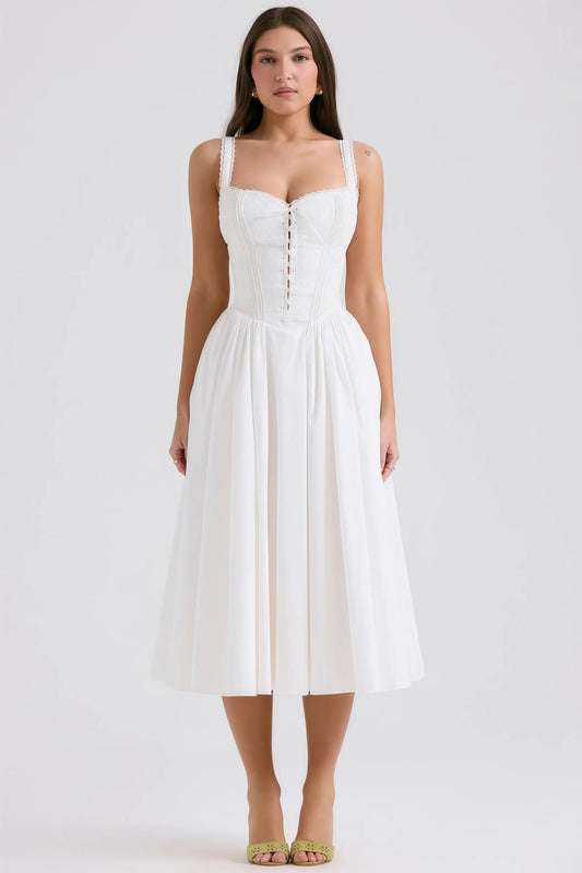 Djura - Witte Halter Midi-jurk met Kantdetails Vooraan