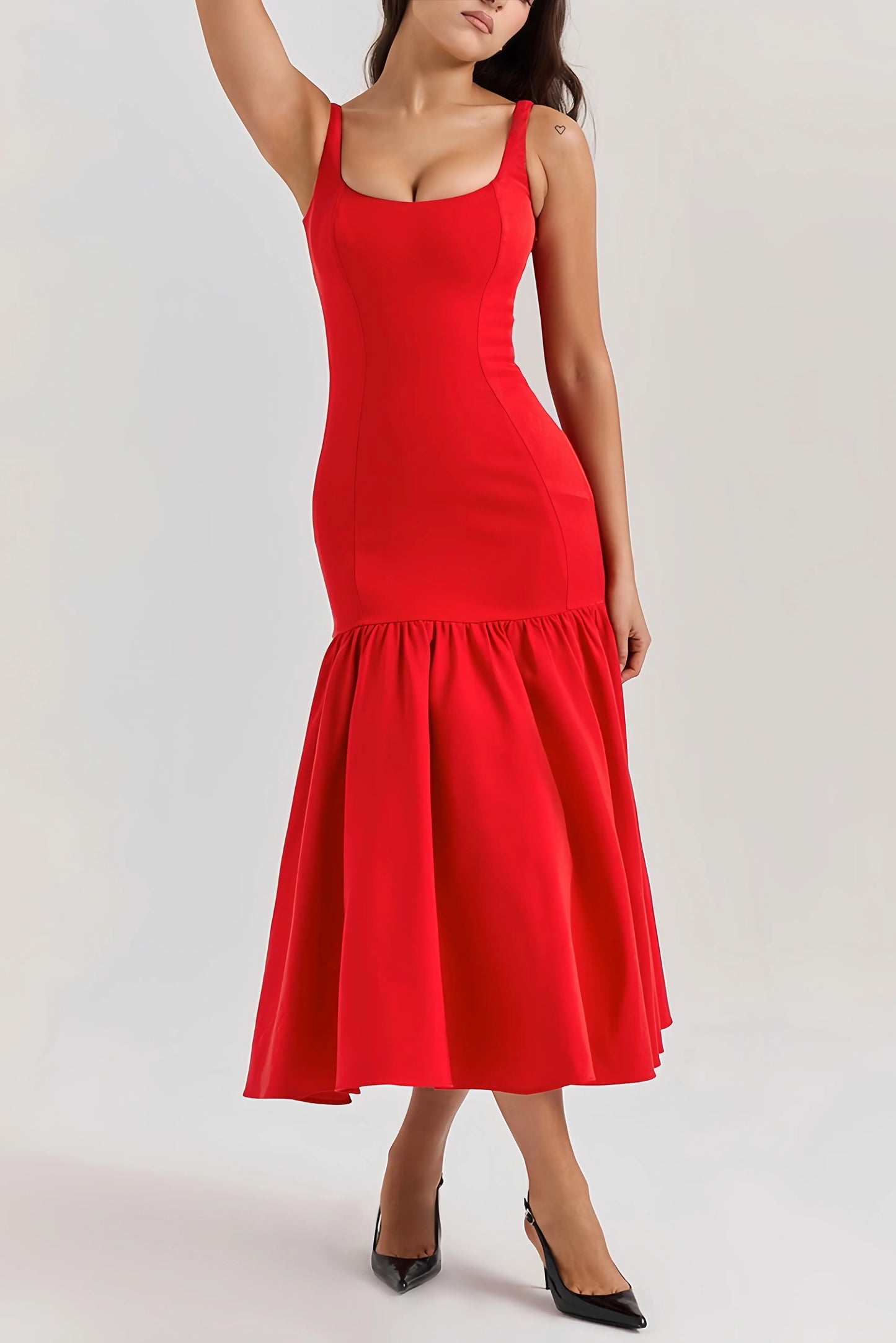 Elisia - Charmante Mouwloze Midi Jurk met Ruches