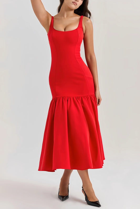 Elisia - Charmante Mouwloze Midi Jurk met Ruches
