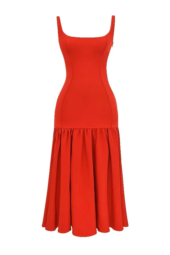 Elisia - Charmante Mouwloze Midi Jurk met Ruches
