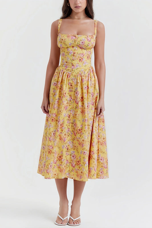 Elsbeth - Stijlvolle Gele Midi Jurk met Bloemenprint