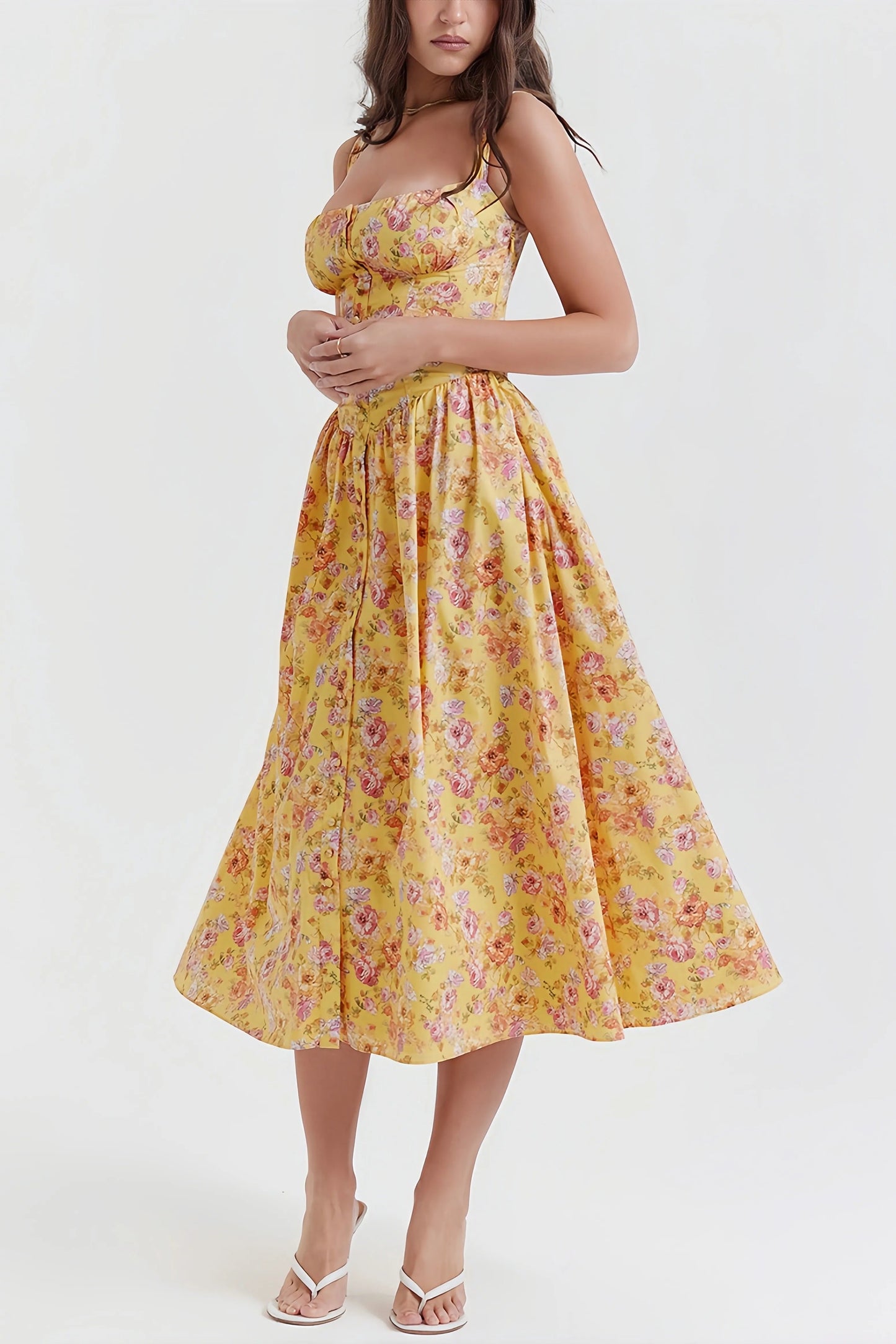 Elsbeth - Stijlvolle Gele Midi Jurk met Bloemenprint