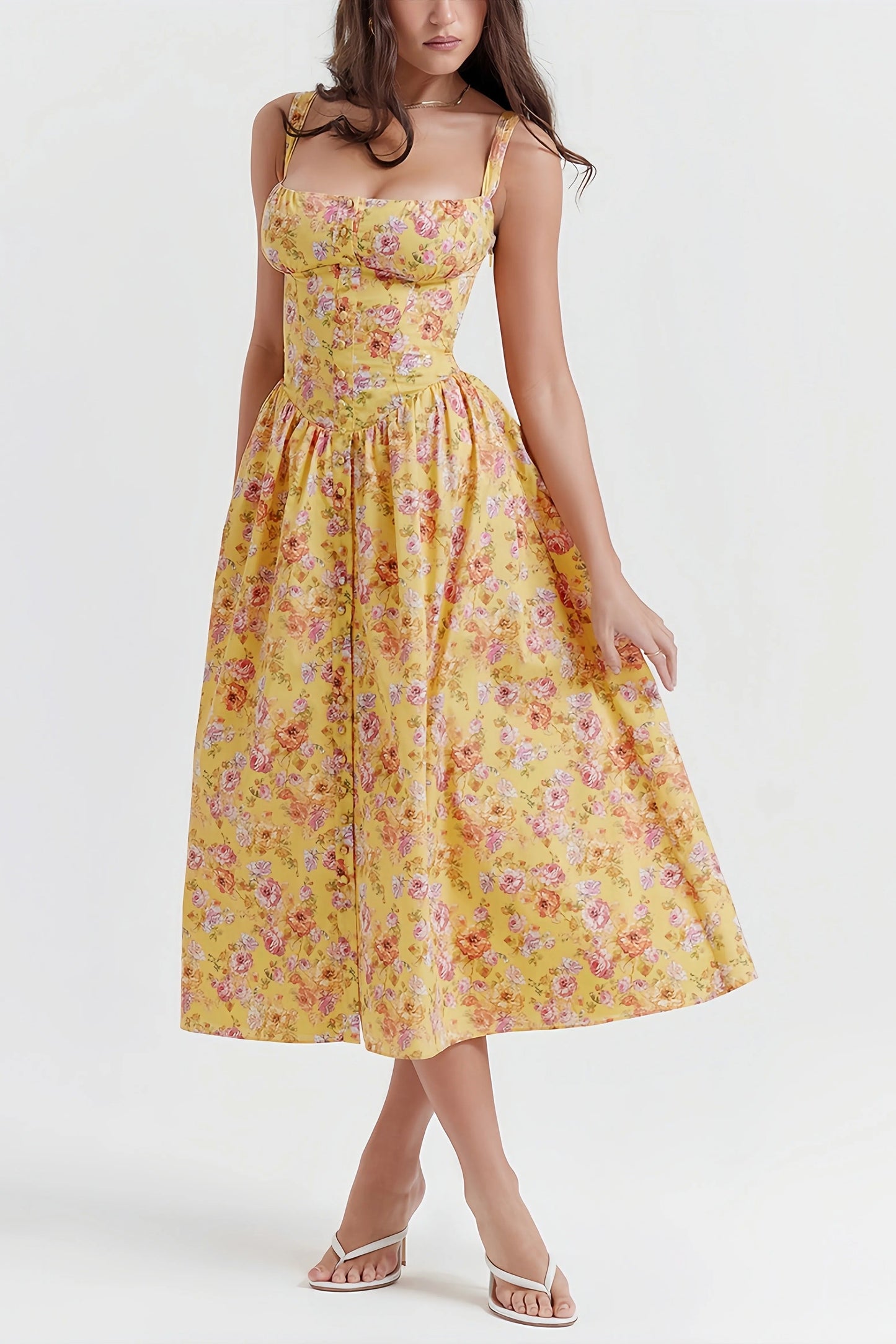 Elsbeth - Stijlvolle Gele Midi Jurk met Bloemenprint