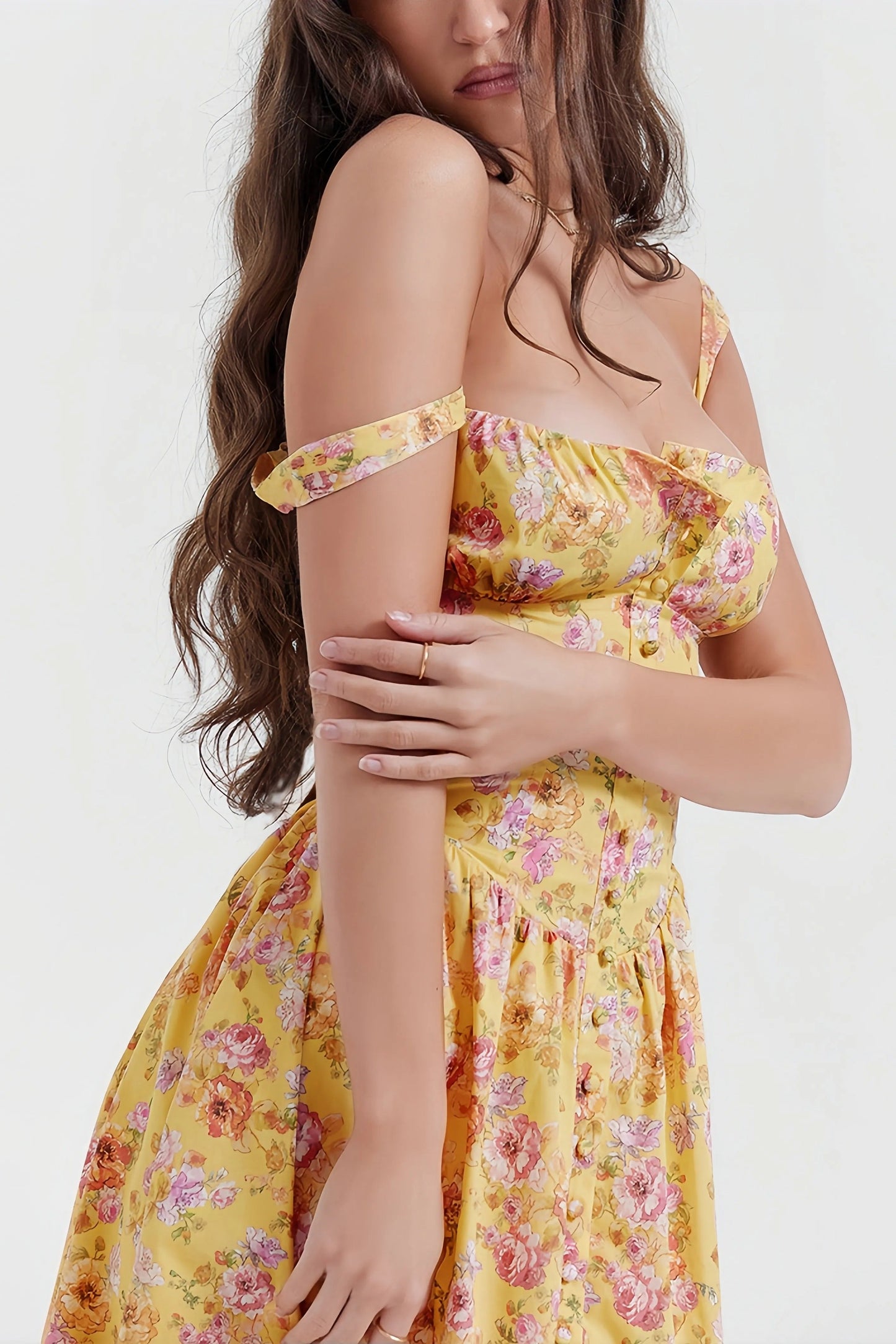 Elsbeth - Stijlvolle Gele Midi Jurk met Bloemenprint