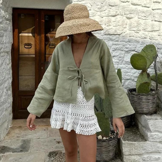 Harriet - Linnen Blouse met Strikjes