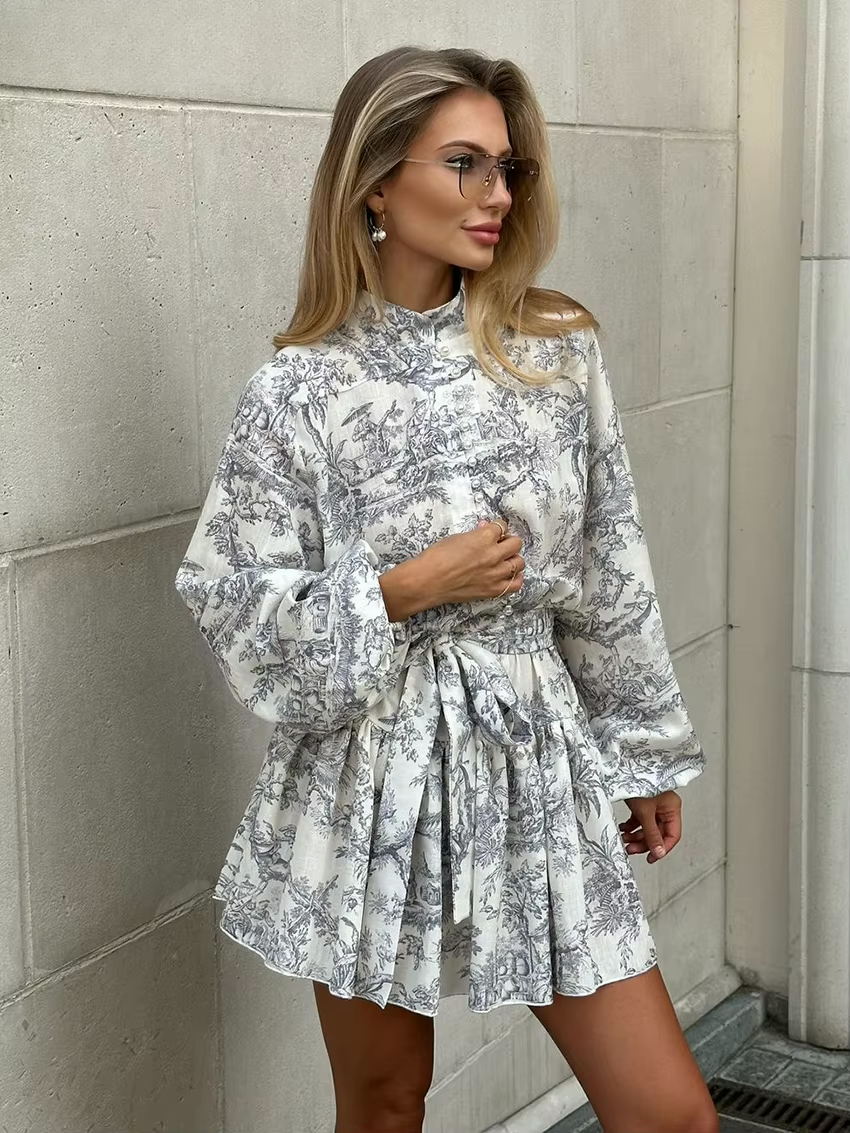 Jalina - Mini-Jurk met Toile-Print en Ballonmouwen