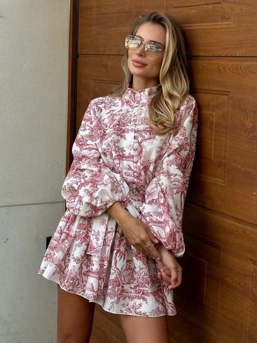 Jalina - Mini-Jurk met Toile-Print en Ballonmouwen