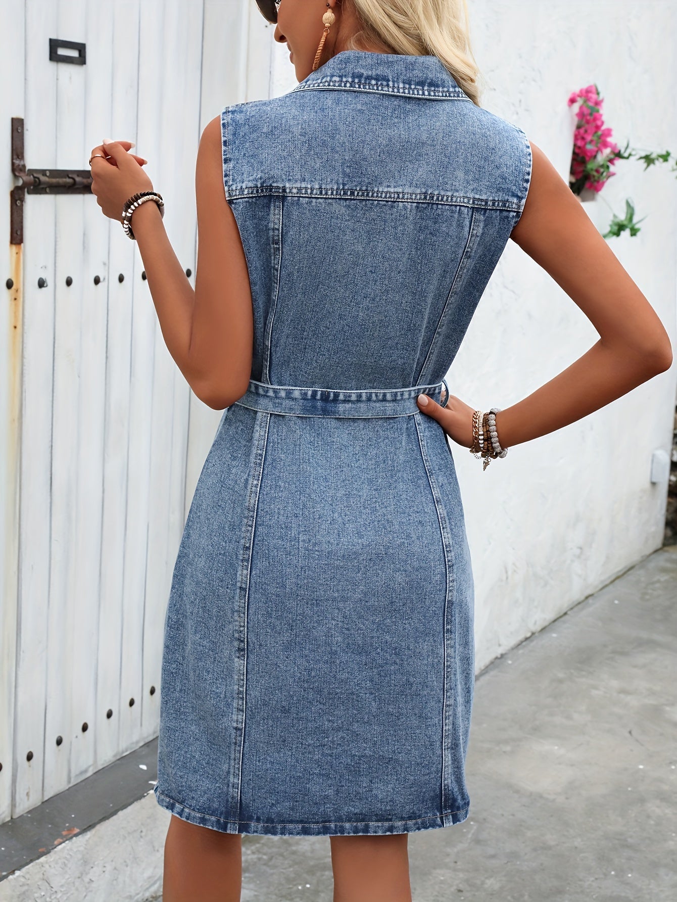 Jaylina - Dames Mouwloze Mini Denim Jurk met Riem