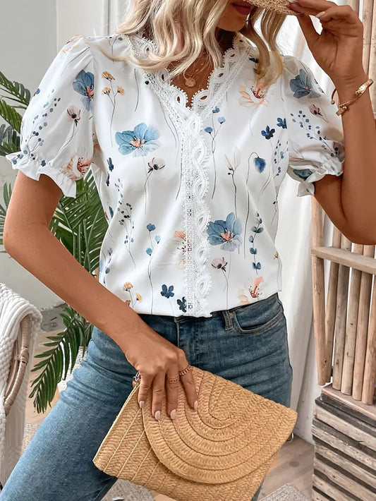 Jennefer - Shirt met bloemencharme Elegante pofmouwen Kanten rand