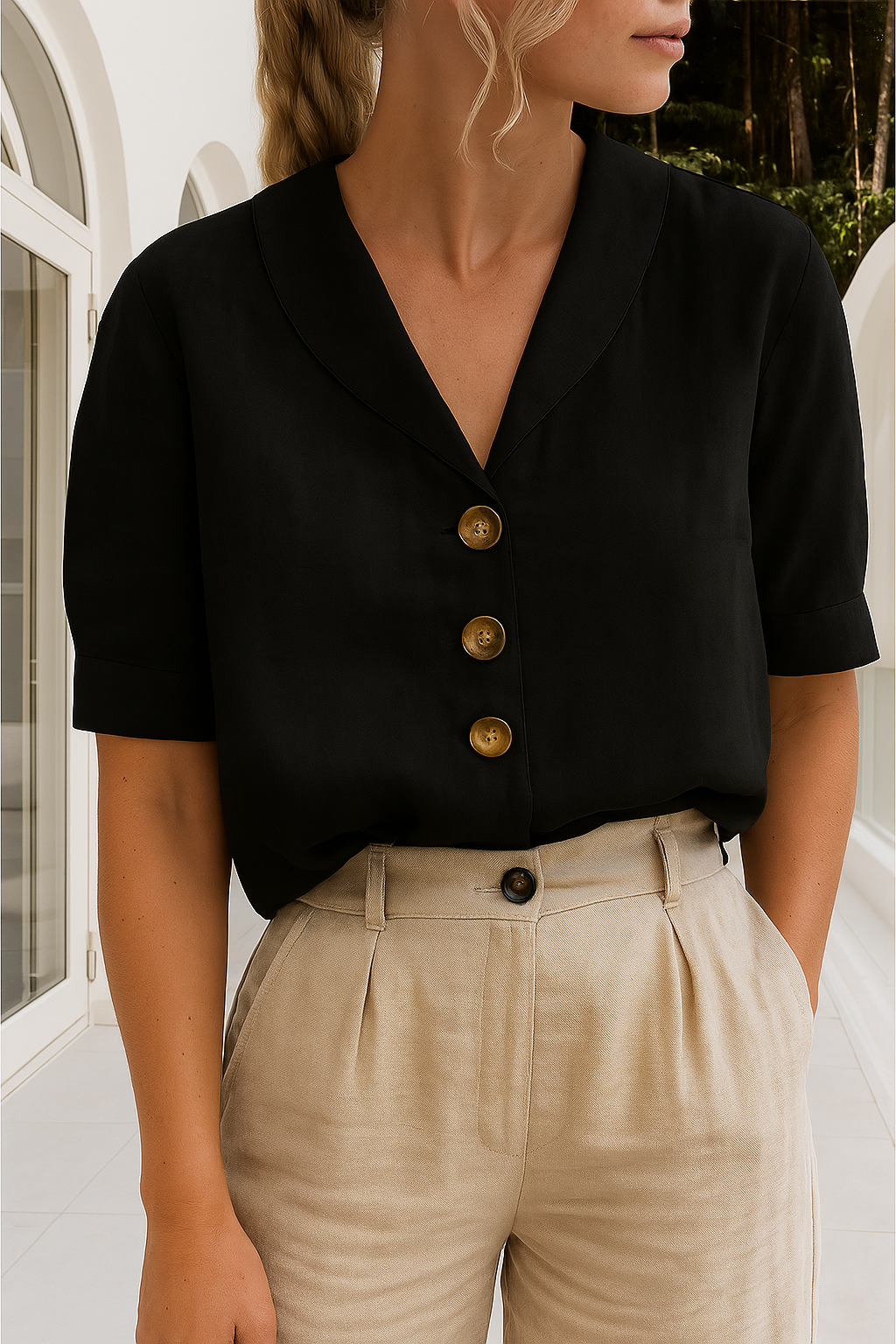 Lichelle - V-hals shirt met trendy design en knoopen