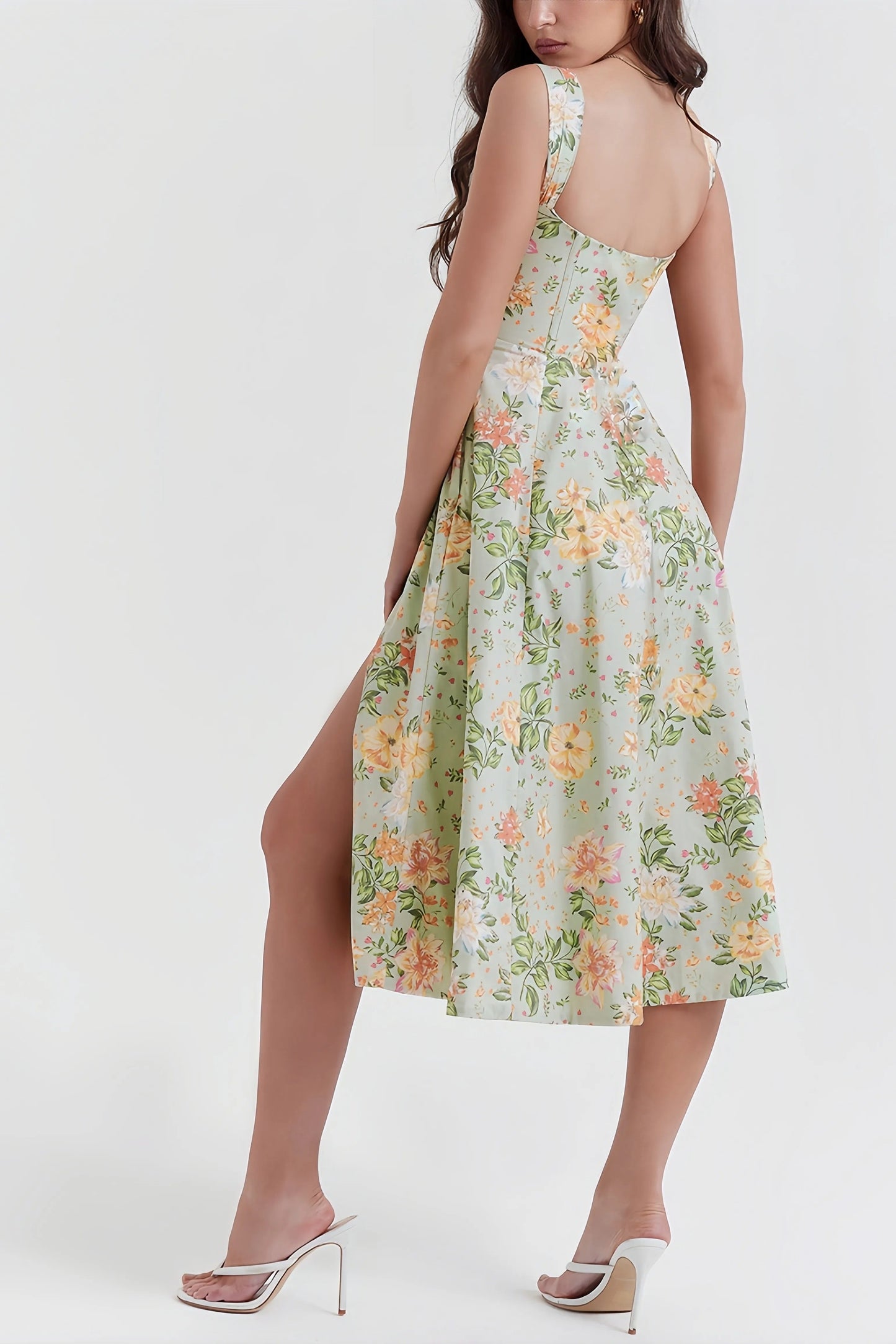 Nyla - Trendy Groene Gebloemde Midi-Jurk met Split voor Dames