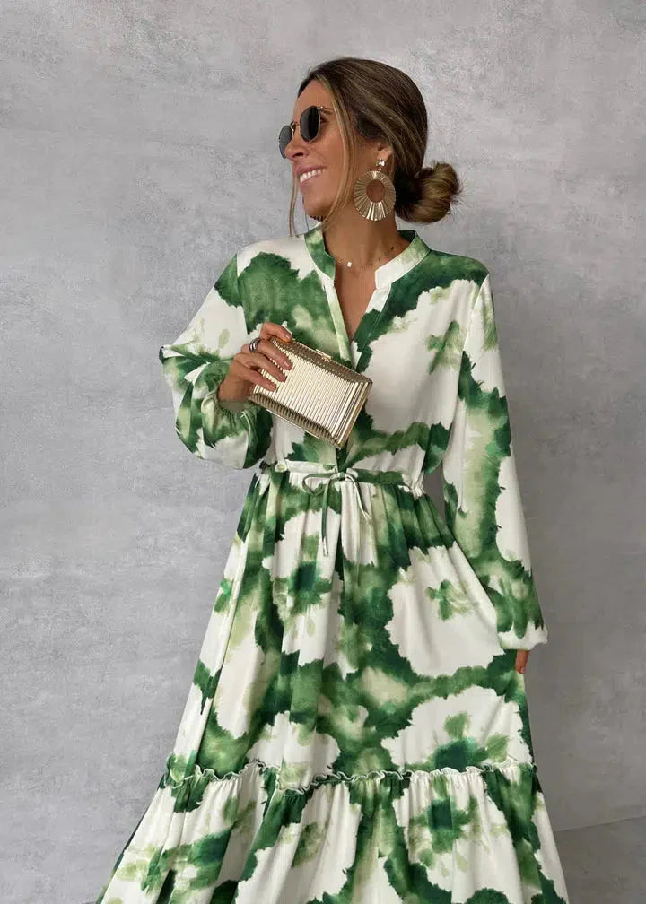 Romeysa - Dames maxi-jurk met lange mouwen v-hals