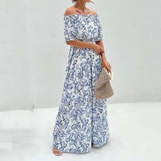 Sis - Off Shoulder Elegant Fit Bloemige Maxi Zomerjurk