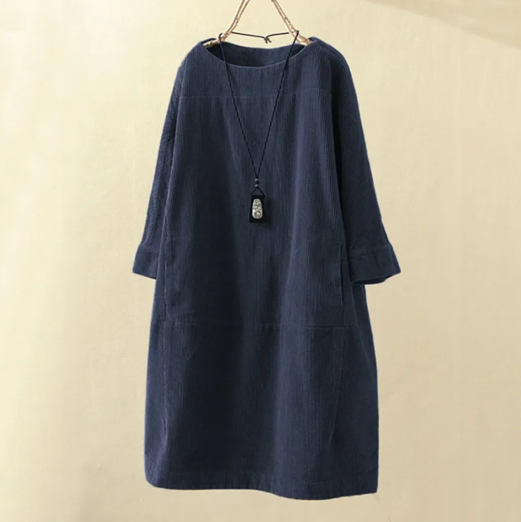 Thera - Midi Zomerjurk met Korte Mouw Ribfluweel Design