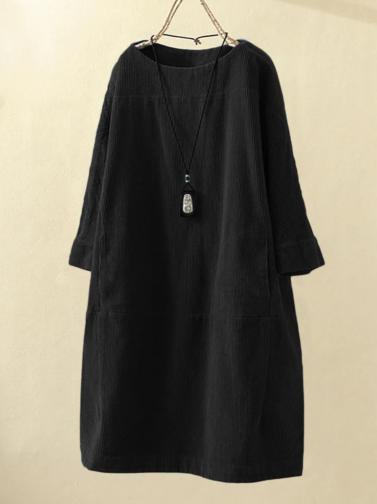 Thera - Midi Zomerjurk met Korte Mouw Ribfluweel Design