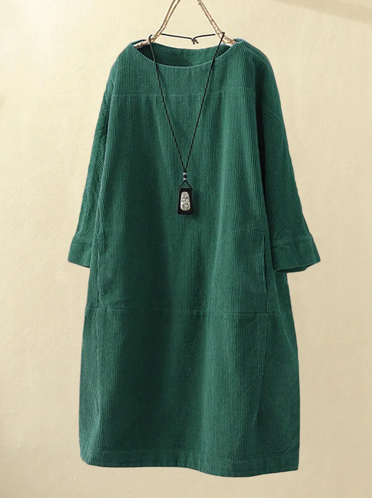 Thera - Midi Zomerjurk met Korte Mouw Ribfluweel Design