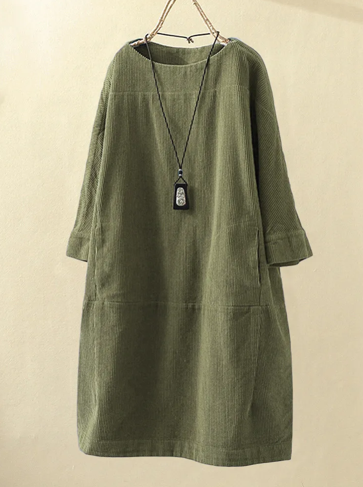Thera - Midi Zomerjurk met Korte Mouw Ribfluweel Design