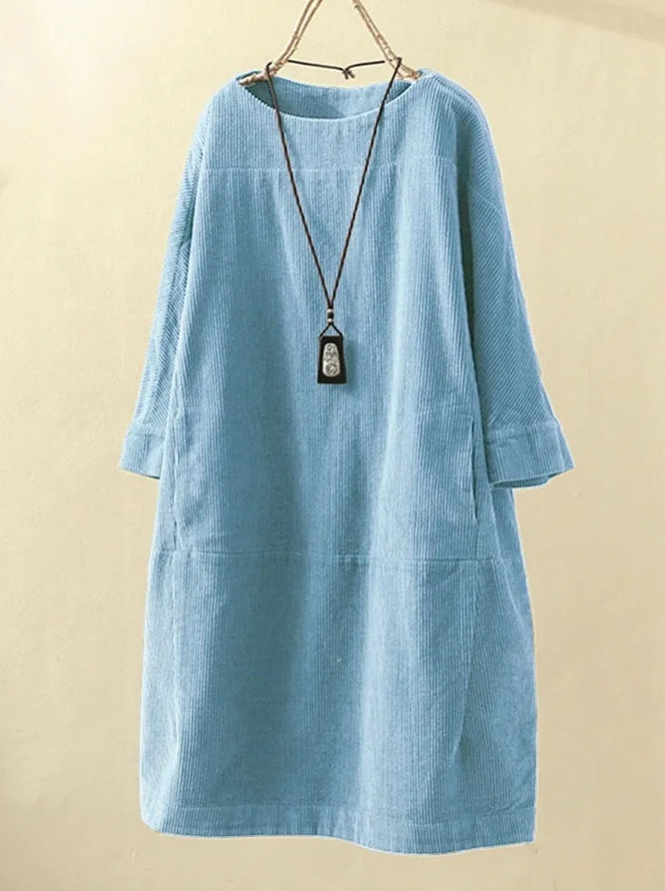 Thera - Midi Zomerjurk met Korte Mouw Ribfluweel Design