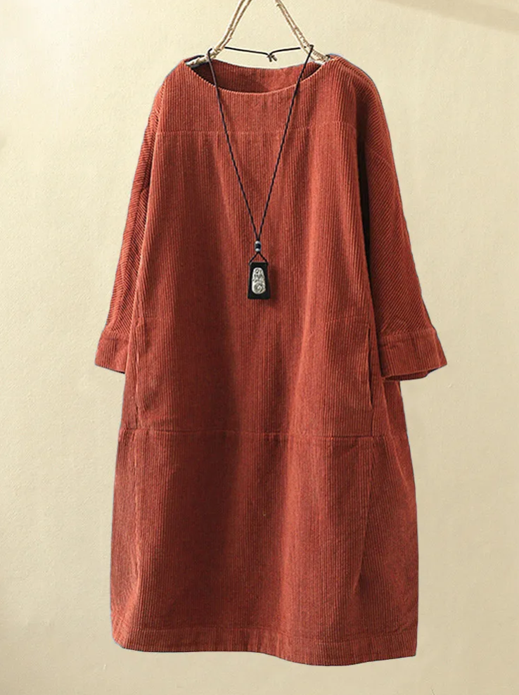Thera - Midi Zomerjurk met Korte Mouw Ribfluweel Design